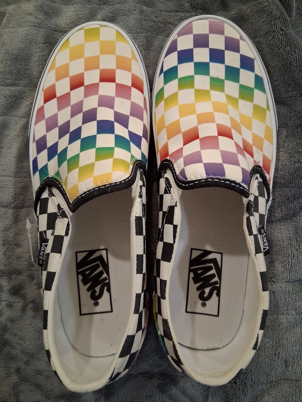 Vans Classic Slip-On Rainbow Checkerboard Shoe - White/Multi